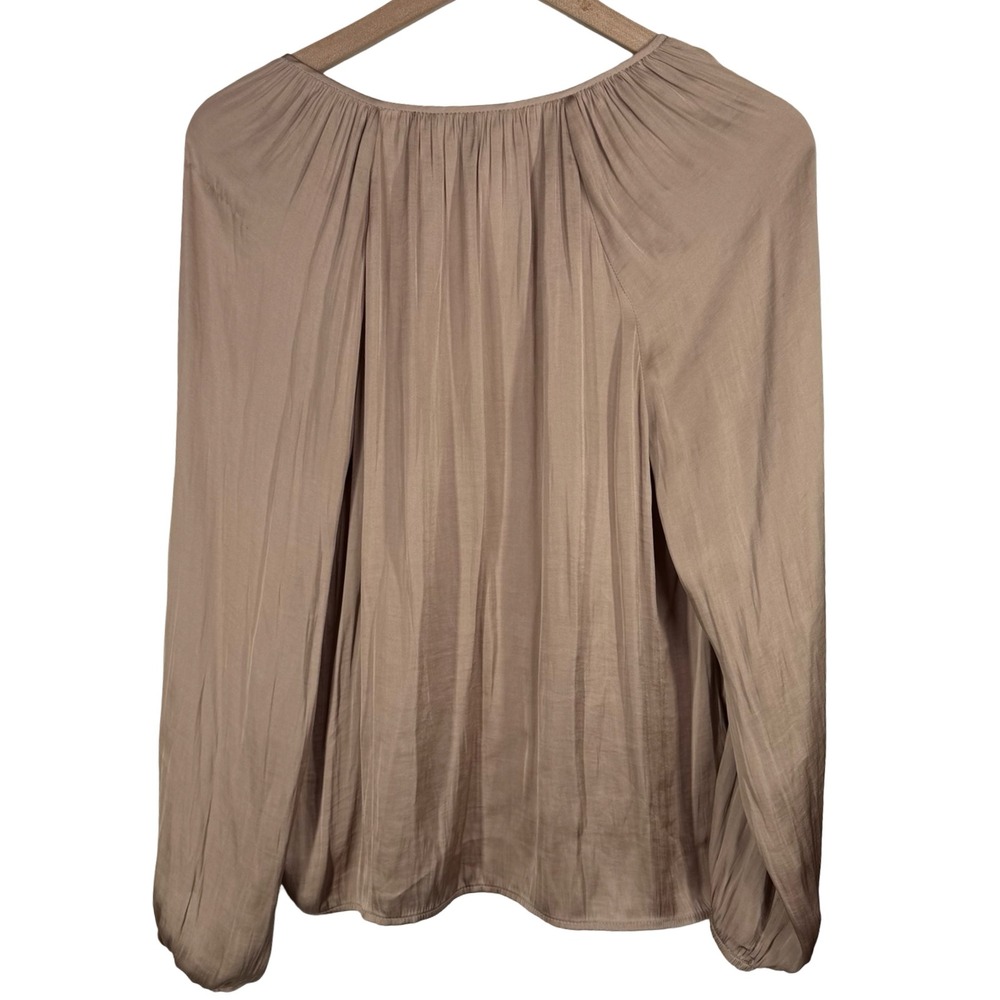 Banana Republic Taupe Champagne Satin V-Neck Blouse Bishop Sleeve Small - Picture 4 of 7